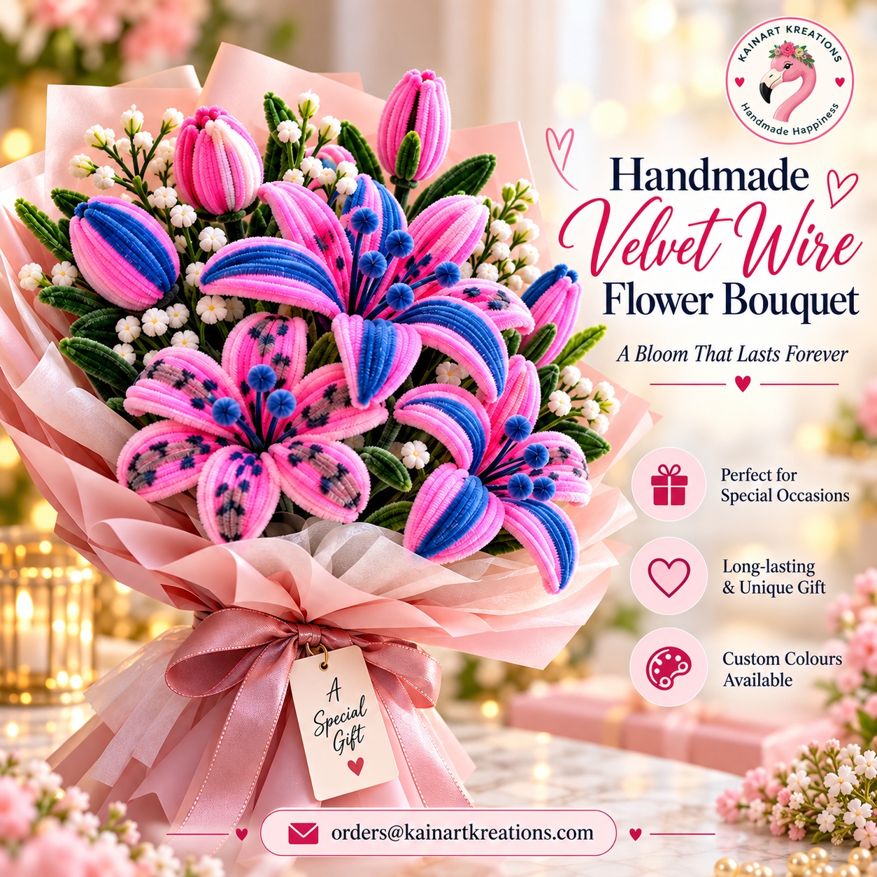 Handmade velvet wire flower bouquet